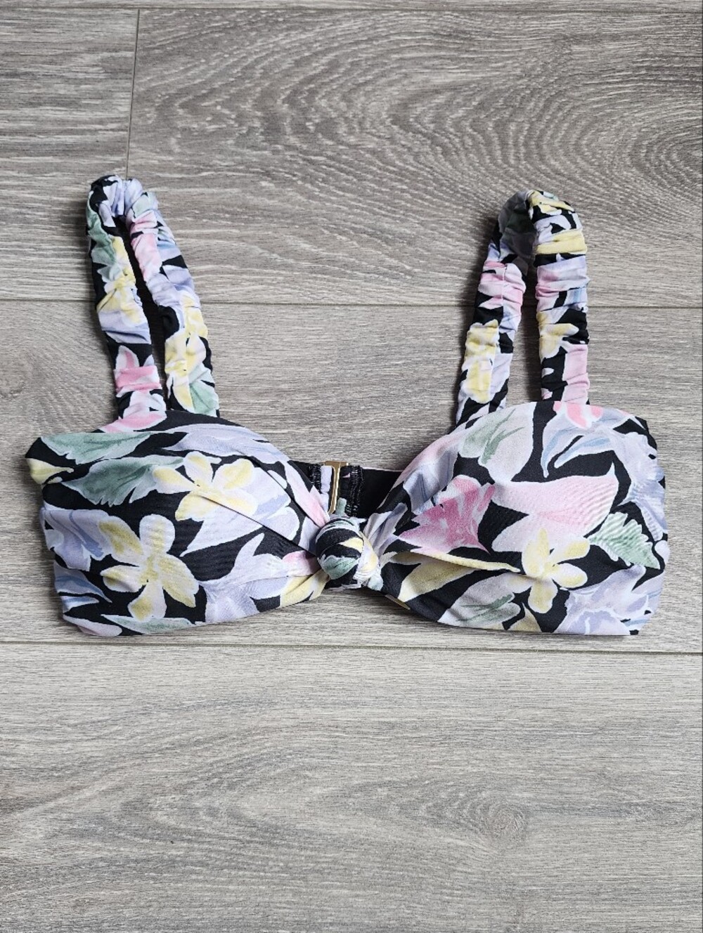 Beach Riot Black Floral Bikini Top with Pastel Pink Yellow Green